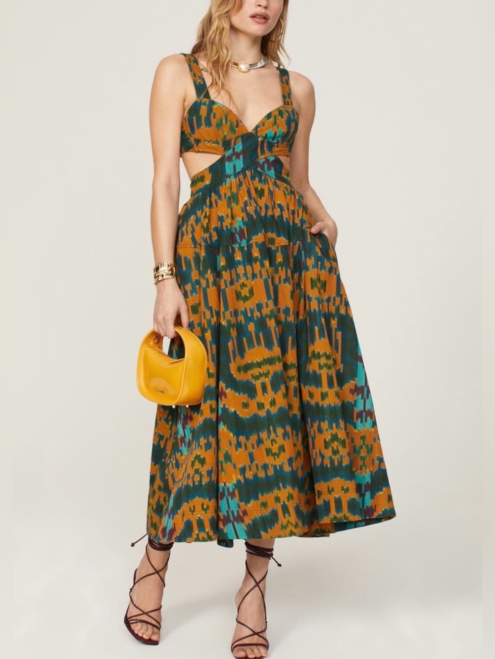 Ulla Johnson Sarika Mustard & Teal Cutout Midi Dress Size 0